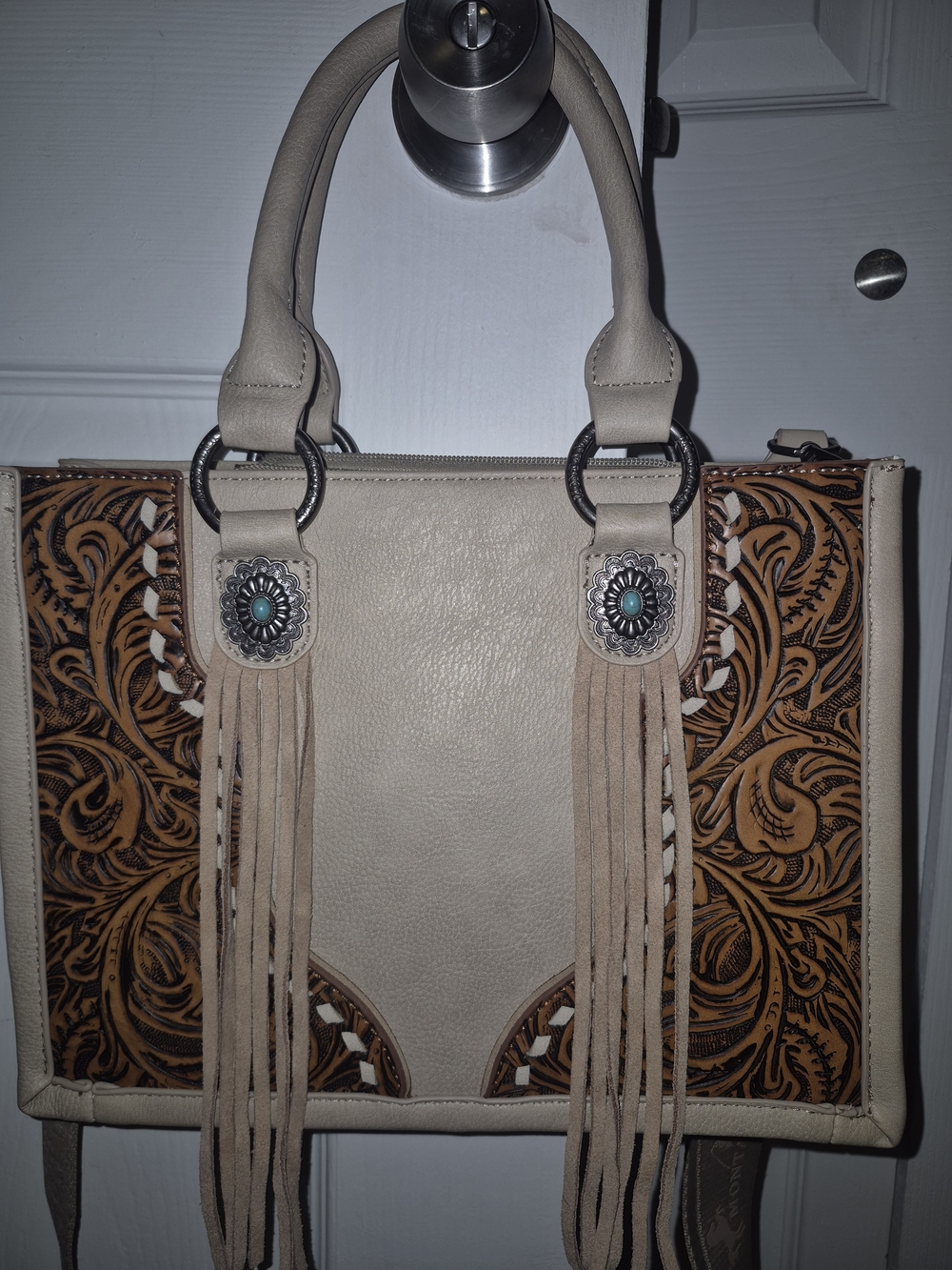 Montana West Beige and Brown Tooled Fringe Crossbody Handbag